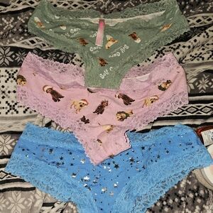 PINK Victoria's Secret Lace Trim Panties - Green, Pink, Blue LOT of 3 NEW